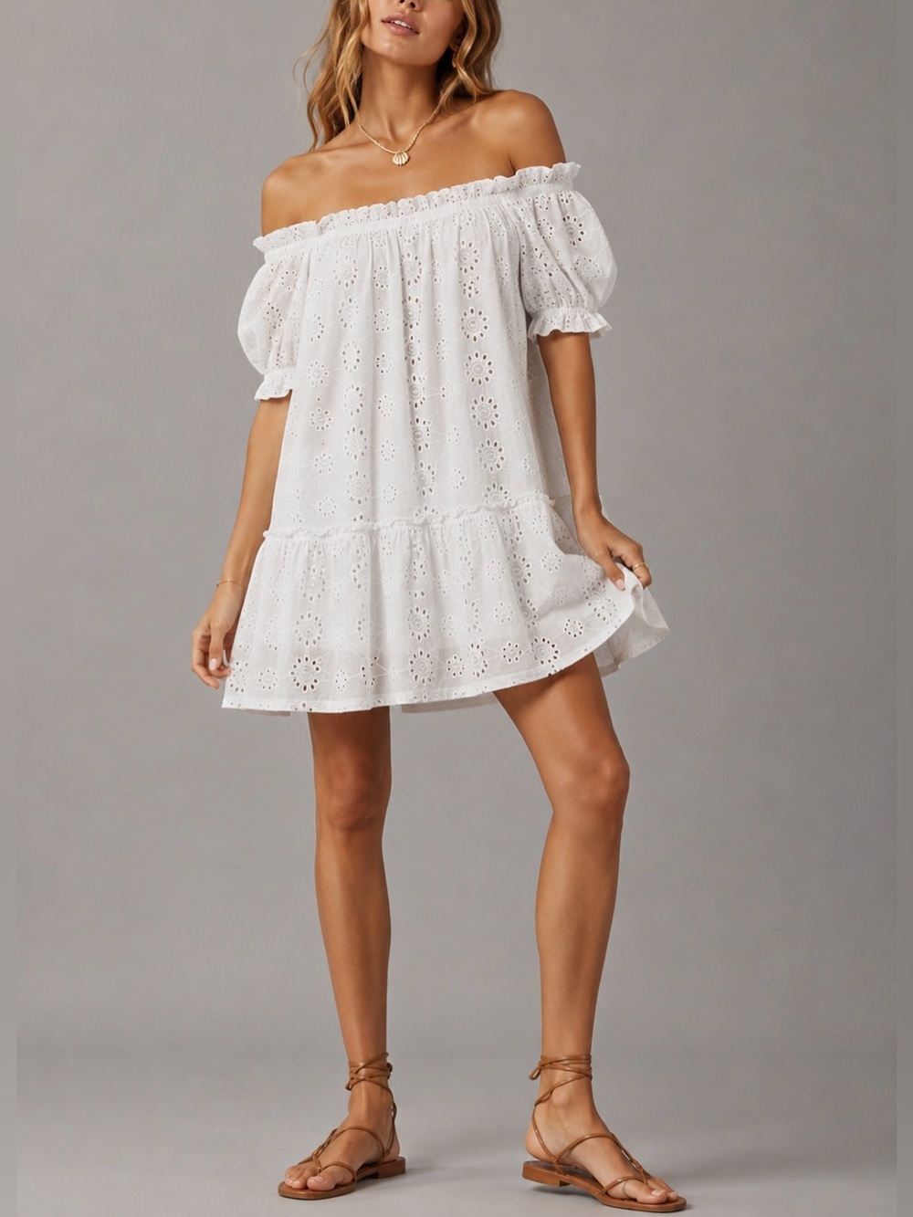 Elan 100% Cotton White Eyelet Puff Sleeve Mini Dress Off The Shoulder S Coastal